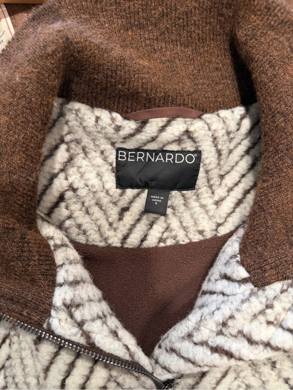 Bernardo Oversized Zip-Front Fleece Jacket - Brown/Cream Herringbone - Small - Picture 4 of 6